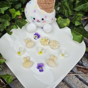 Gelato Scoops Naturel hondenijsjes op basis van geitenmelk in de vorm van bijtjes en bloemetjes, gepresenteerd op een wit bord met eetbare viooltjes en een vrolijke ijsjesknuffel op de achtergrond.