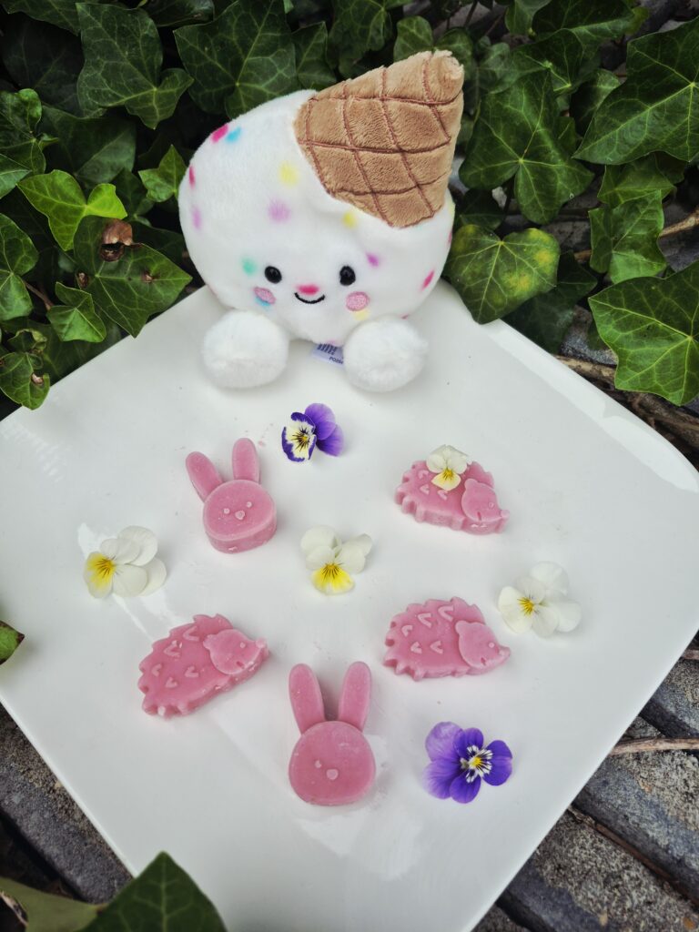 Gelato Scoops Framboos hondenijsjes op basis van geitenmelk in schattige konijnen- en egelvormen, gepresenteerd op een wit bord met eetbare viooltjes en een vrolijke ijsjesknuffel op de achtergrond.