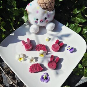 Gelato Scoops Purple Carrot hondenijsjes op basis van geitenmelk en paarse wortel, gegoten in schattige konijnen- en egelvormen en gepresenteerd op een wit bord met eetbare viooltjes en een vrolijke ijsjesknuffel op de achtergrond.