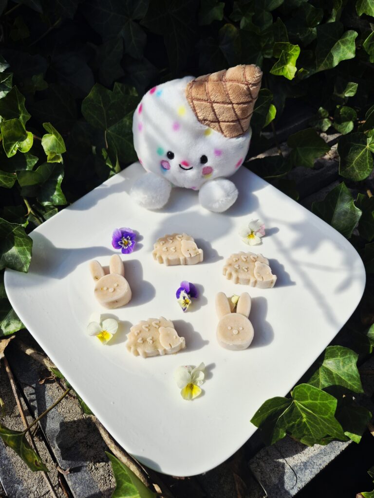 Gelato Scoops Aardbei hondenijsjes op basis van geitenmelk en aardbei, gegoten in schattige konijnen- en egelvormen en gepresenteerd op een wit bord met eetbare viooltjes en een vrolijke ijsjesknuffel op de achtergrond.