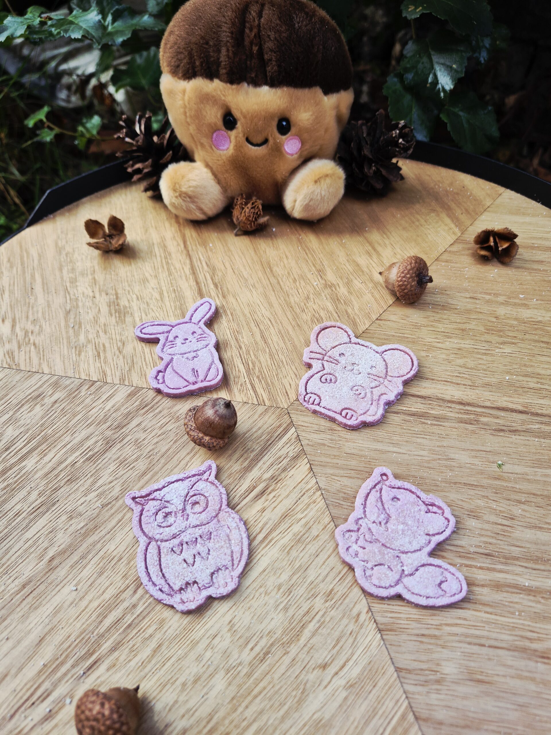 Forest Furriends Furrever hondenkoekjes in de vorm van een konijn, muis, uil en vos, in roze en paarse tinten, gepresenteerd op een houten tafel met eikels en dennenappels in een sfeervolle herfstsetting.