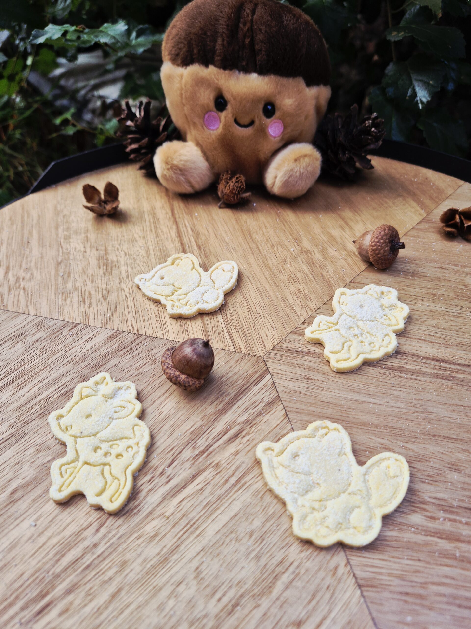Forest Furriends Furrever hondenkoekjes in de vorm van een konijn, muis, uil en vos, in roze en paarse tinten, gepresenteerd op een houten tafel met eikels en dennenappels in een sfeervolle herfstsetting.